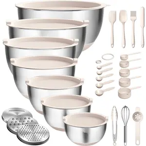 Mixing Bowls with Airtight Lids, 27 count Stainless Steel Nesting Bowls, with 3 Grater Attachments, Scale Mark & Non-Slip Bottom, Size 5, 4, 3, 2, 1.5, 1, 0.63QT, Ideal for Mixing & Prepping
