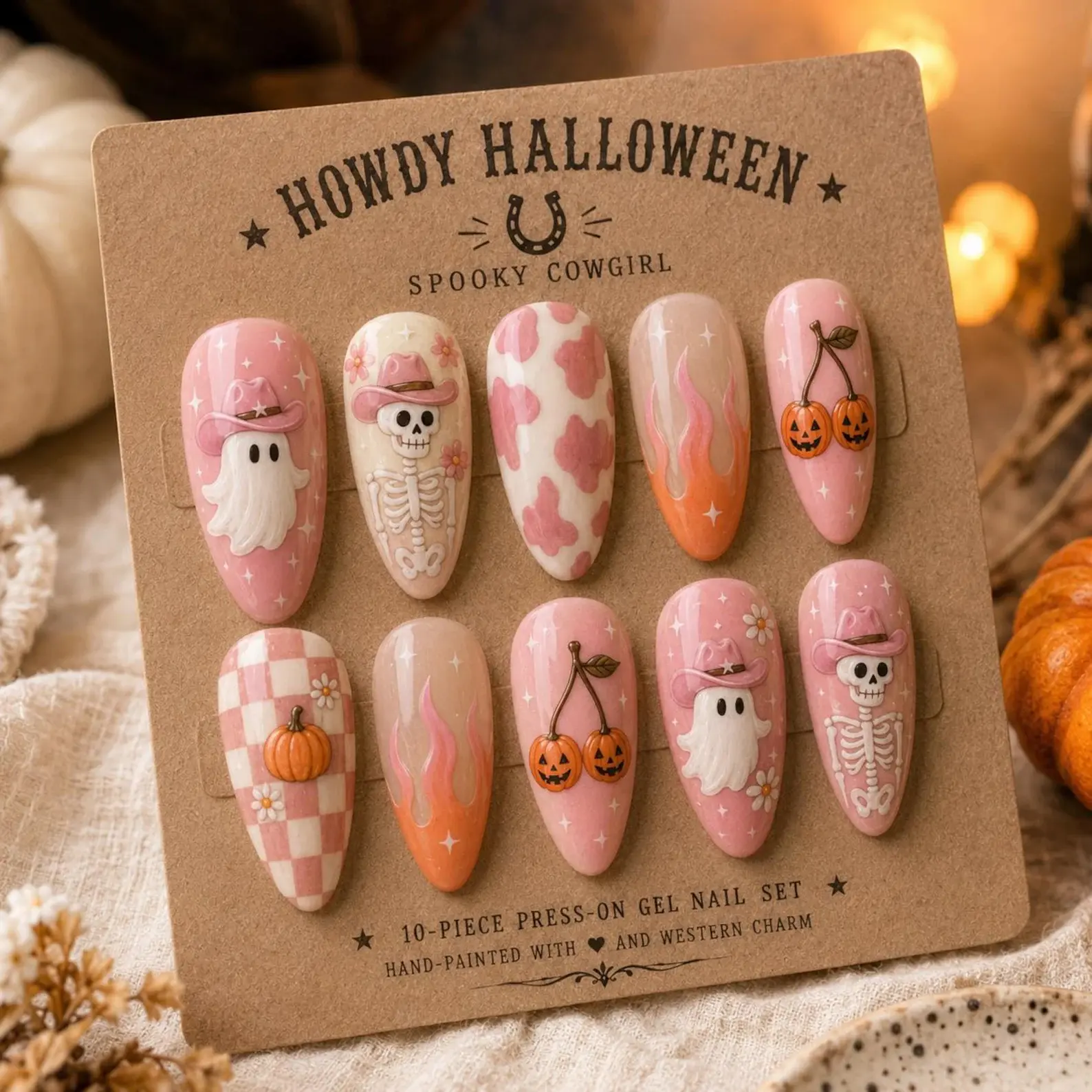 Spooky Cowgirl Press-On Nails, Pink Halloween Western Ghost Pumpkin Skeleton Set, Fall Art Gift for Nail Care Enthusiasts