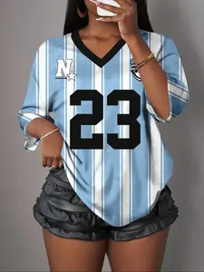 Women's Y2K Blue Striped Number 23 Print Breathable Sports Shirt, V Neck Letter Pattern Fitted Top for All Seasons, Breathable Workout Tops