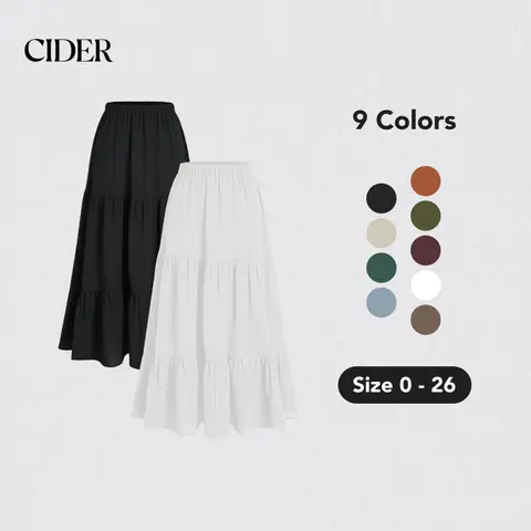 Women's Solid A-Line Skirt - Elastic Waist, Ruffled Hem, Midi Length, 9 Colors, Sizes 2-10, Casual French Riviera Vibe, Lady, Mid Waist
