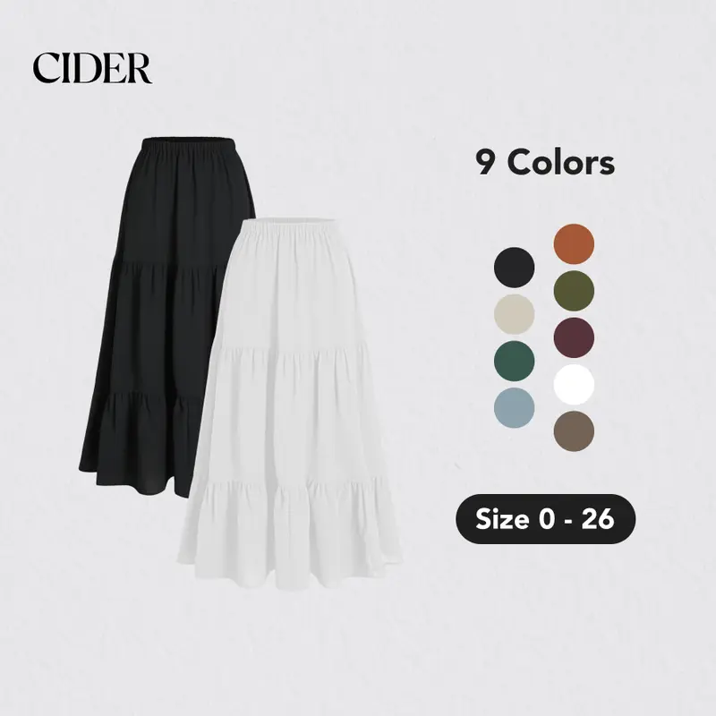 Women's Solid A-Line Skirt - Elastic Waist, Ruffled Hem, Midi Length, 9 Colors, Sizes 2-10, Casual French Riviera Vibe, Lady, Mid Waist