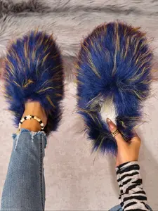 Women's Plush Fur Shoes, Winter Fashion Indoor Home Slippers, Warm Fleece Anti-Slip Rubber Closed Toe Cotton Slides