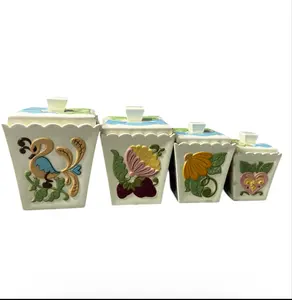 Vintage Hand-Painted Ceramic Canister Set – Signed Folk Art Kitchen Storage (Set of 4)