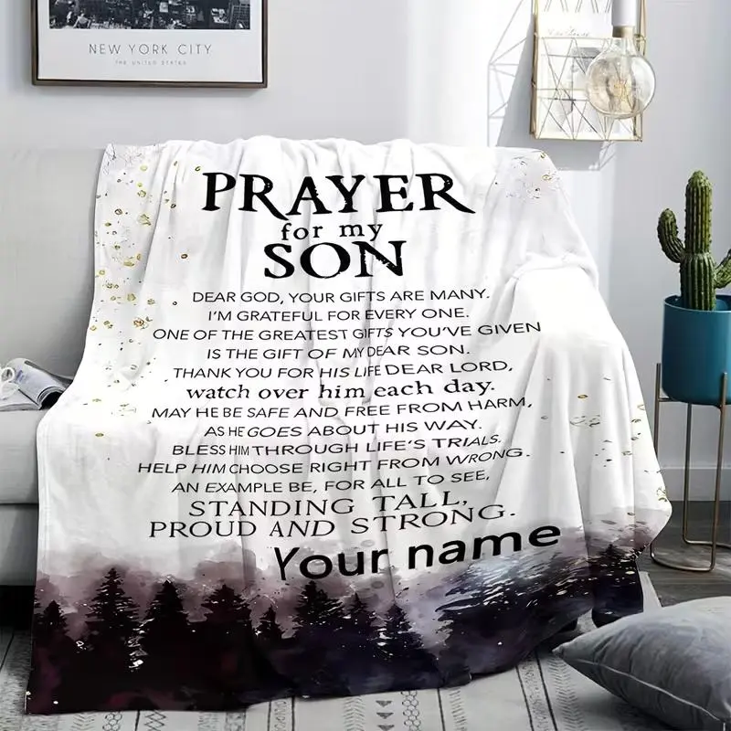 Customizable Prayer for My Son Flannel Blanket - Personalized Blessing with Name Space, All-Season Comfort, Custom Design Throws, Ideal Gift for Family, Suitable for Bed & Camping