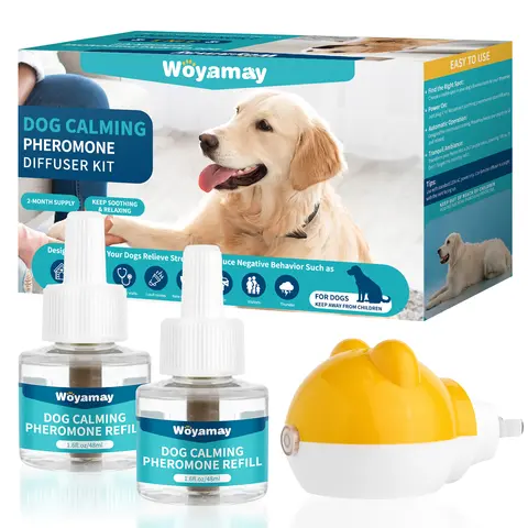 Woyamay Dog Calming Diffuser Kit - 1 Diffuser+2 Refills 6-in-1 Pheromone Solution with Natural Comfortable Scent Heat-Enabled Liquid Bottle for Stress Relief, Barking Control (60+ Days Support)