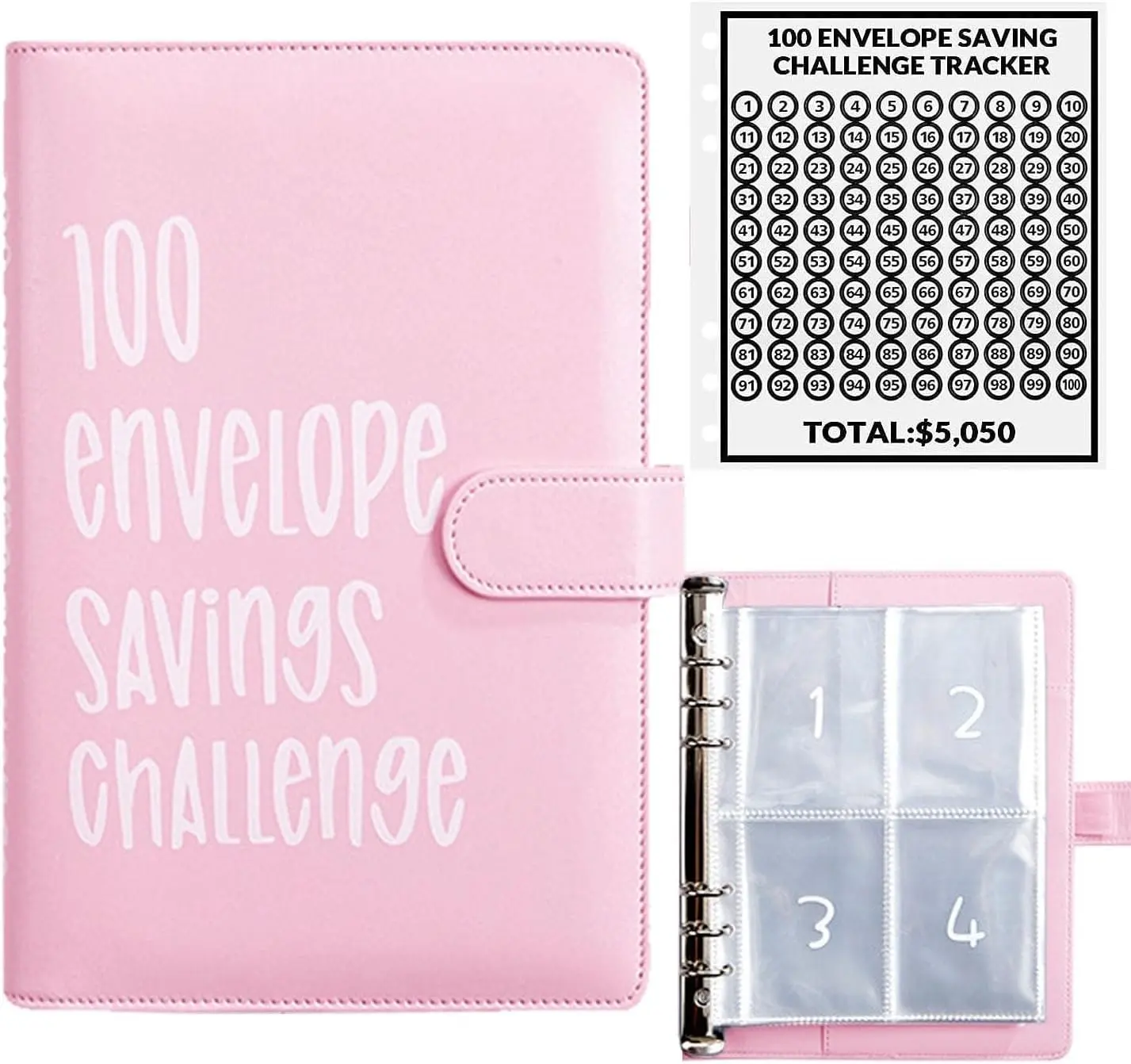 100 Envelopes Money Saving Challenge, 100 Envelope Challenge Binder, Easy and Fun Way to Save $5,050, Savings Challenges Budget Book Binder with Cash Envelopes for Office,Home,School (Pink)-ZENG