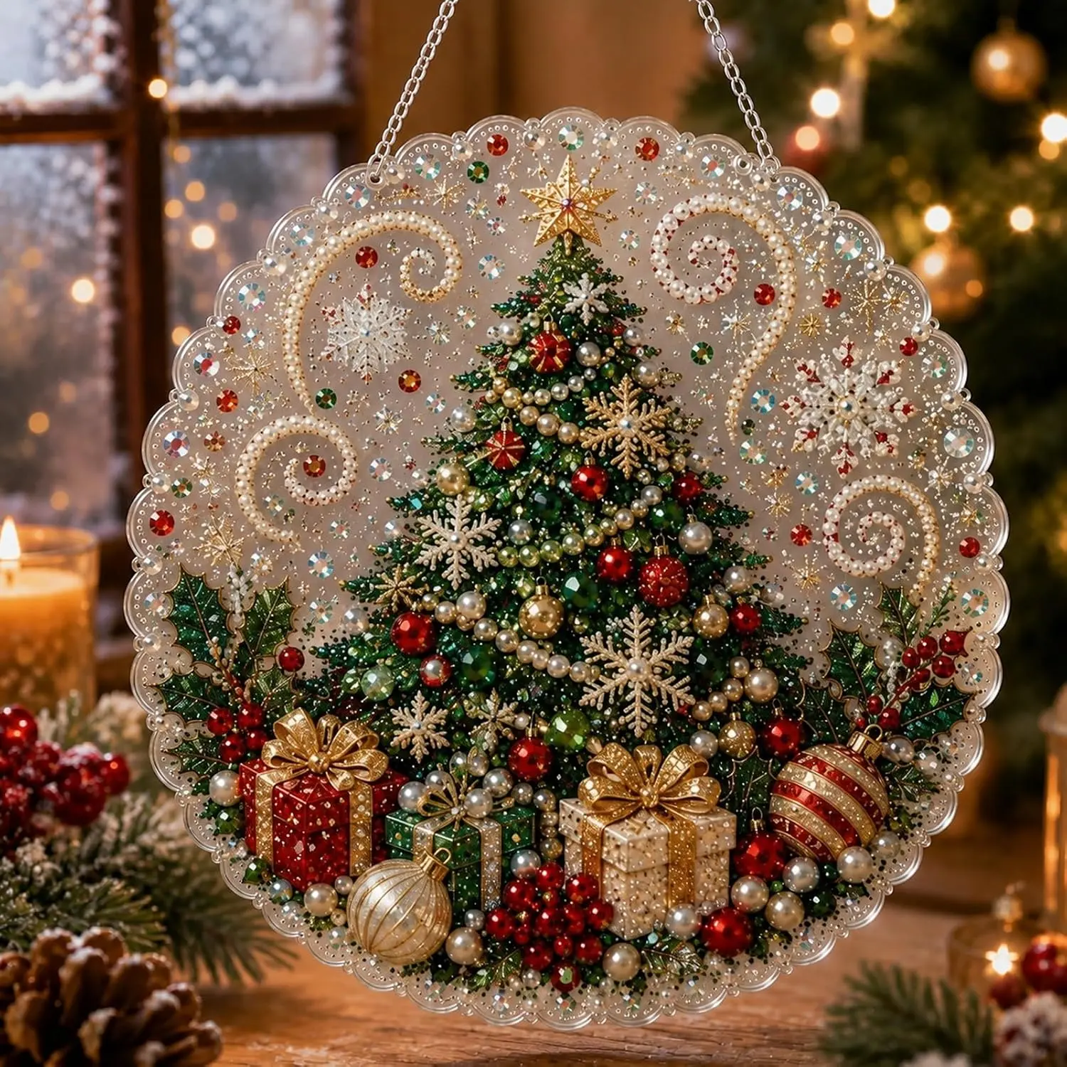DIY Pearl Diamond Painting Suncatcher Set for Christmas Presents, 8in Round Lace Acrylic Panel, Pre-Mounted Metal Chain, 3D Mixed Pearls Craft, Xmas Home Window Wall Decoration