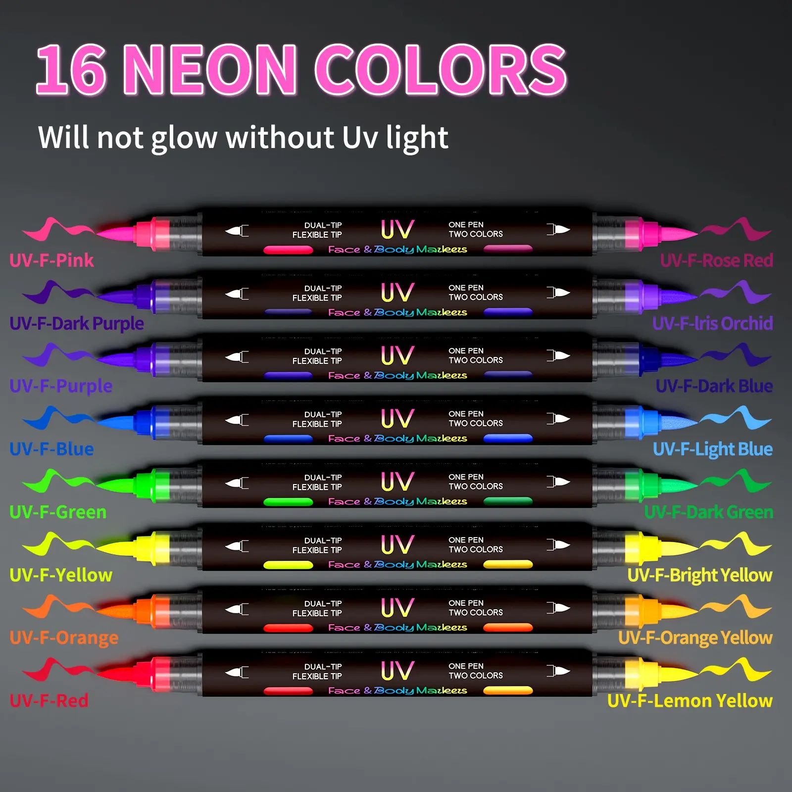 16-Color Dual-Tip Glow-In-The-Dark Marker Pen, Dual Tip Markers, Erasable Fluorescent Sign Pens, Ideal for Parties, Team Events, Surprise Gifts