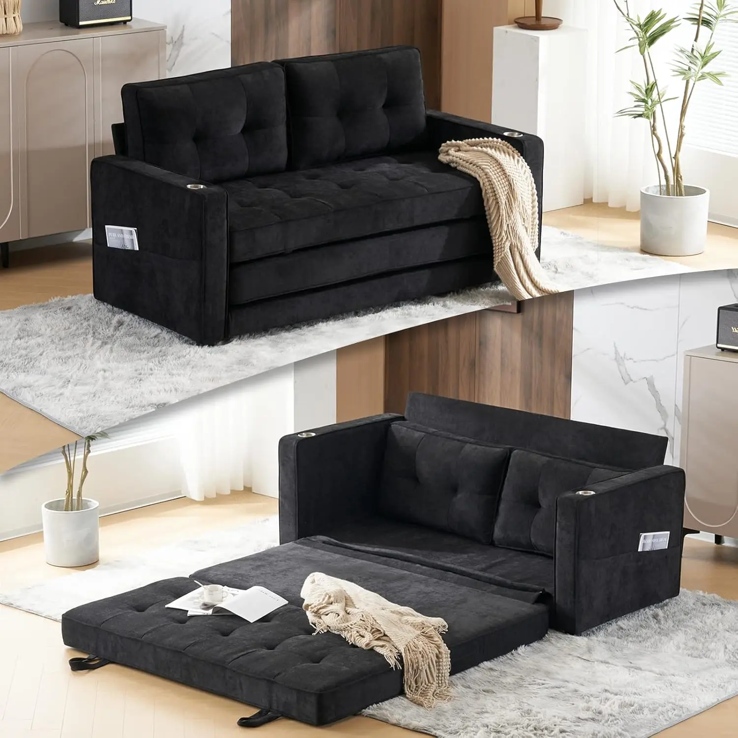 VINGLI Sturdy Plush Upgraded Folding Convertible Sofa Bed, 64" W x 84" Extended Length Full-Size Chenille Loveseat, 6" Thick Nylon Cloth Upholstery Pull-Out Couch for Living Room, Basement, Supports 2 People, Folding Sofa Bed, Lazy Floor Sofa