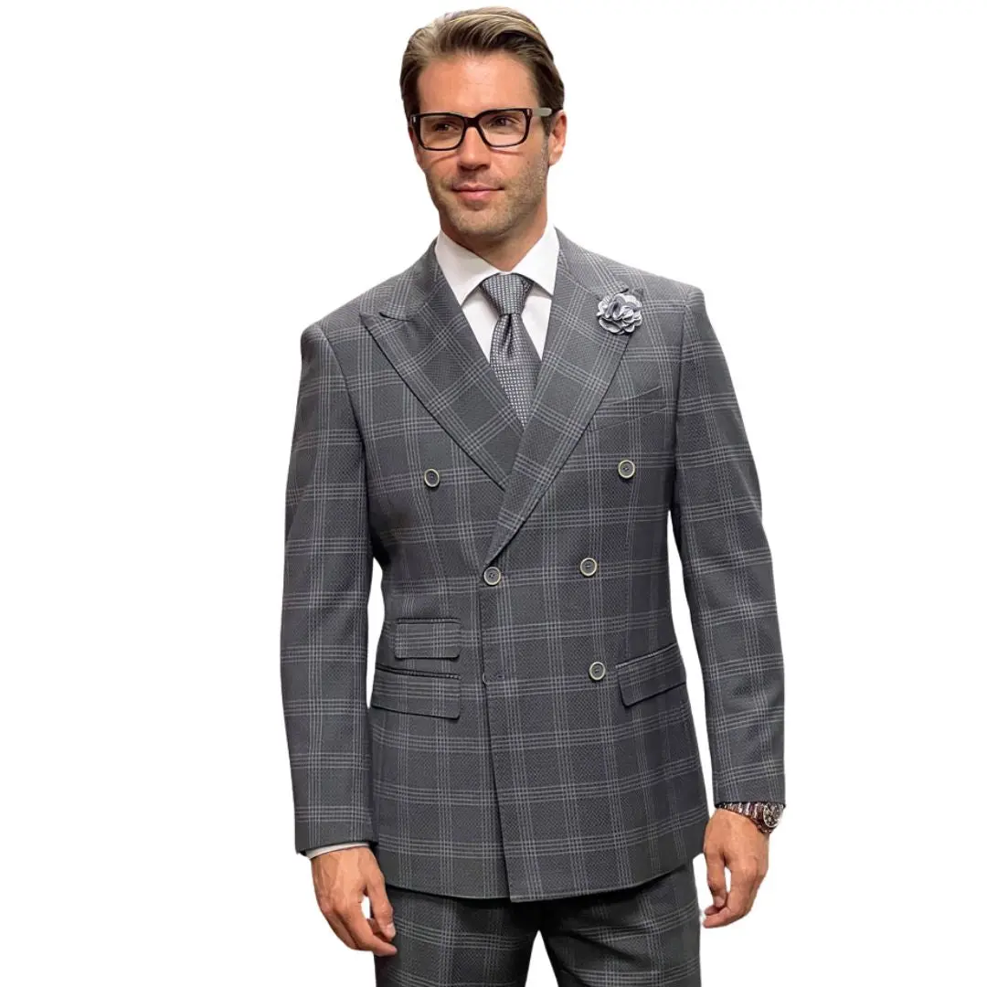 Grey 2-Piece Plaid Double-Breasted Peak Lapel Suit - Modern Fit