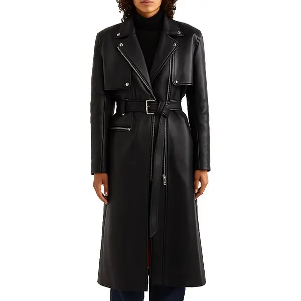 Women's Black Leather Trench Coat with Belt and Moto Details