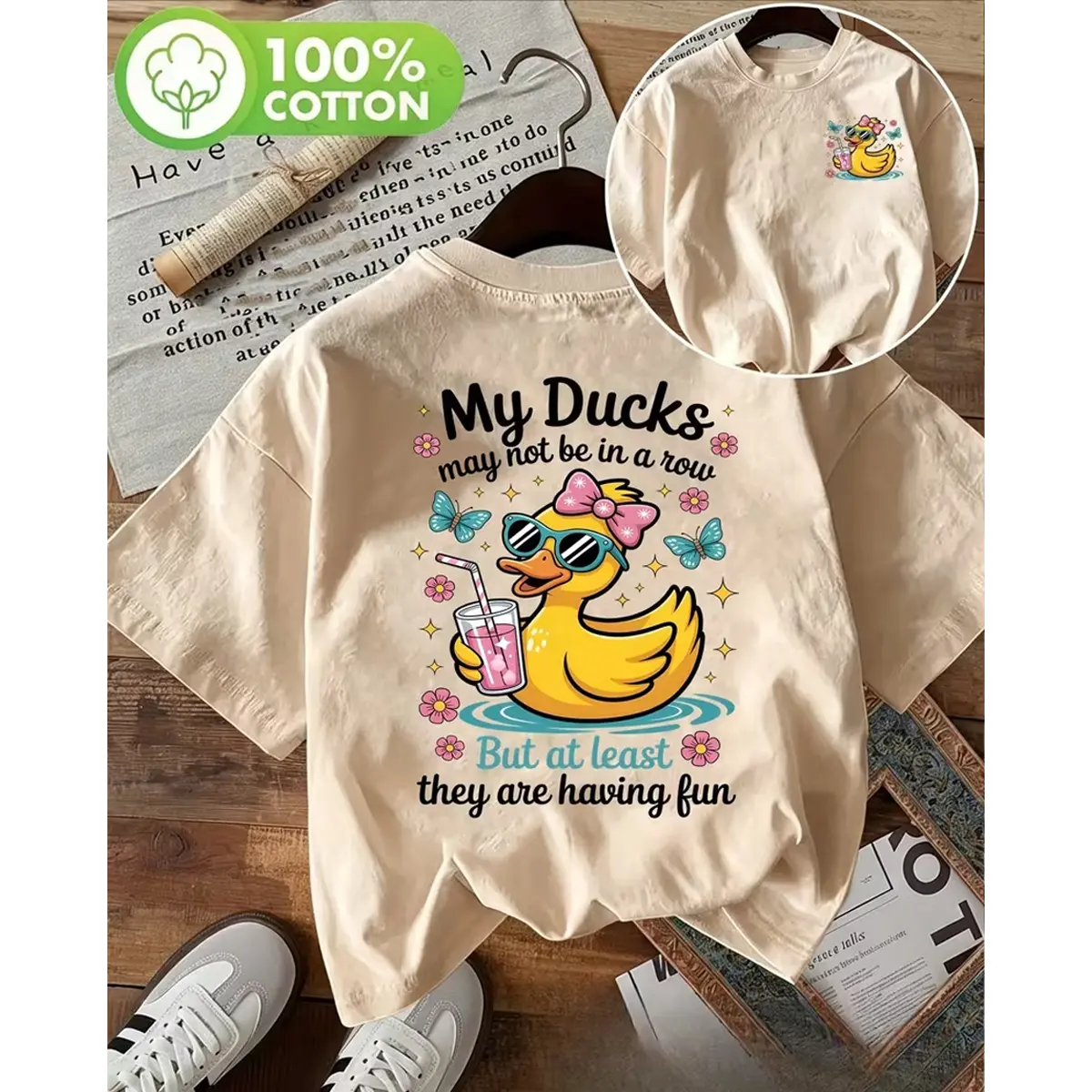Women's T-Shirt - Fun Quirky Style, Fashion Glasses Drinking Beverage Duck Print, Casual Vacation Outfit, Double-Sided Print T-Shirt, Simple Fashionable Design, Breathable Everyday Summer Casual Wear, Unisex