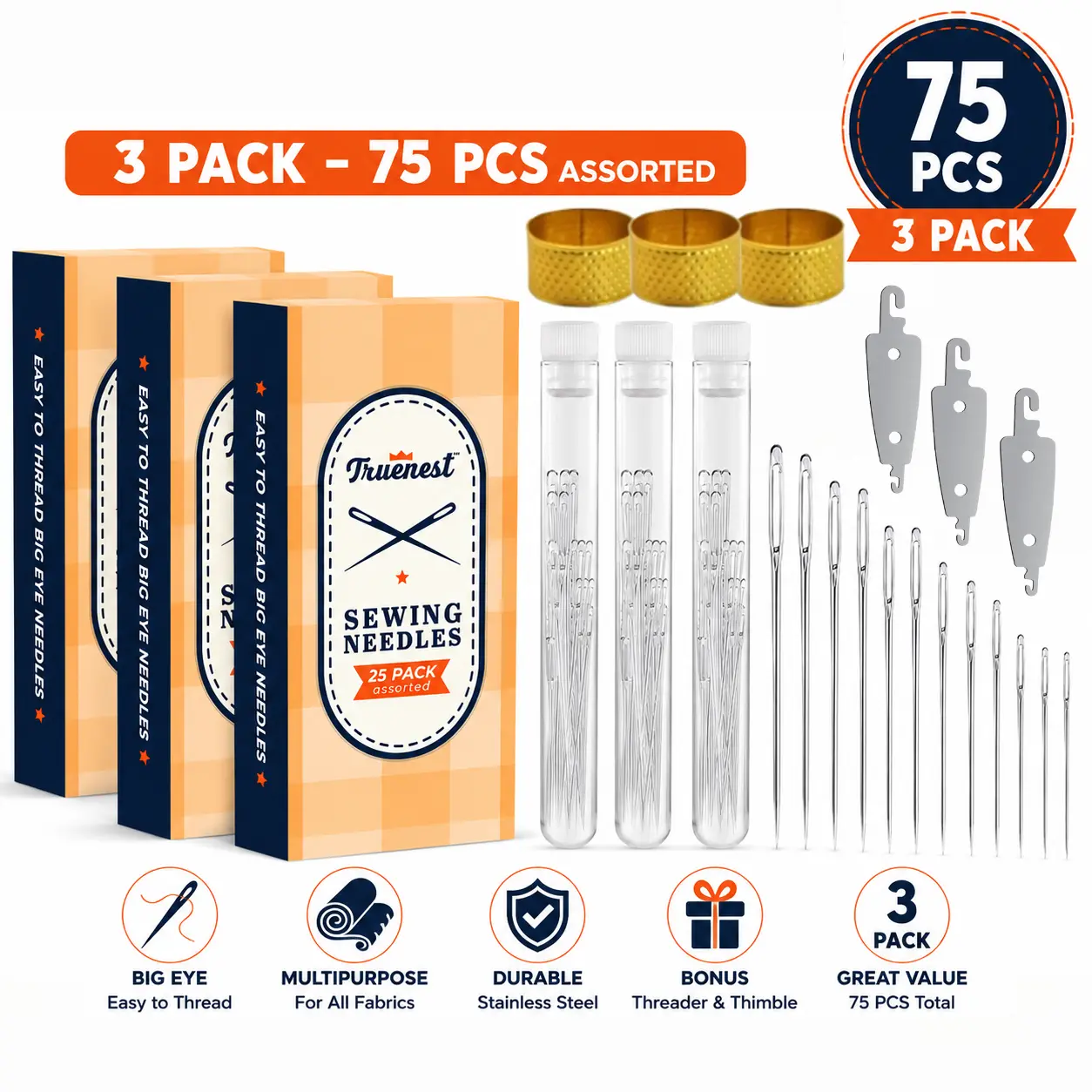 TRUENEST 3 Pack Sewing Needles Set – 75 PCS Assorted Big Eye Needles for Hand Sewing, Embroidery & Cross Stitch – Includes Needle Threaders & Thimbles – Durable Stainless Steel Craft Sewing Kit