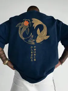 Vintage Japanese Koi Graphic Tee | Retro Oriental Streetwear Aesthetic T-Shirt | Heavyweight 100% Cotton Dark Blue Top | Trendy Animal Art Relaxed Fit Apparel | Soft Unique Zen Gift | Chic Urban Streetwear | Daily Outfit