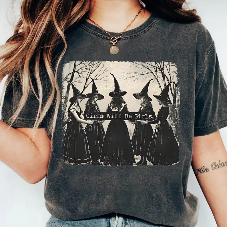 Women's Halloween Cotton Short-Sleeve Round Neck Body-Fitted T-Shirt - Casual Top with Witchy Vibes Vintage Cute Graphic Print
