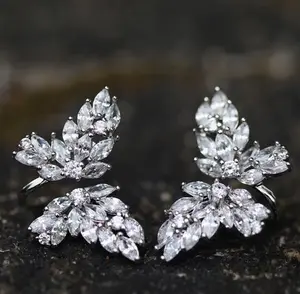 Silver Plated Marquise CZ Butterfly Huggie Earrings, Luxury Sparkling Statement Studs, Hypoallergenic Wedding Jewelry