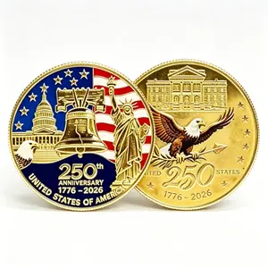 USA 250th Anniversary Commemorative Coin (1776-2026) - Double-Sided Metal Collectible with Gold U.S. Flag, Eagle, Liberty Bell, Statue of Liberty Designs, Wooden Gift Box