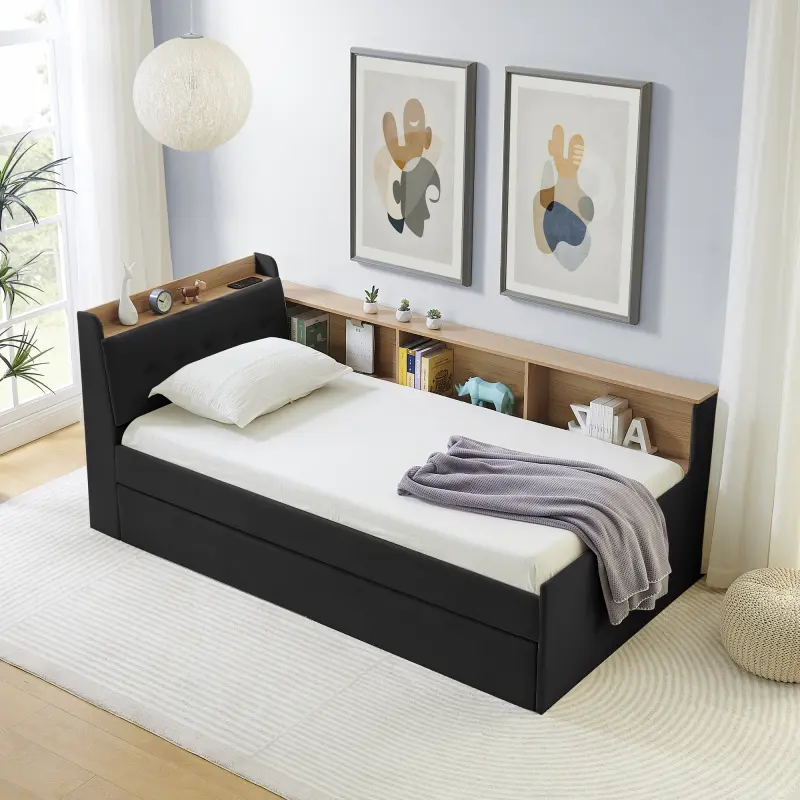 Twin Size Upholstery Velvet Height Adjustable Day Bed with Storage Headboard and Wireless Charging, Multi-functional Daybed with Trundle Bed & LED Lights, Black