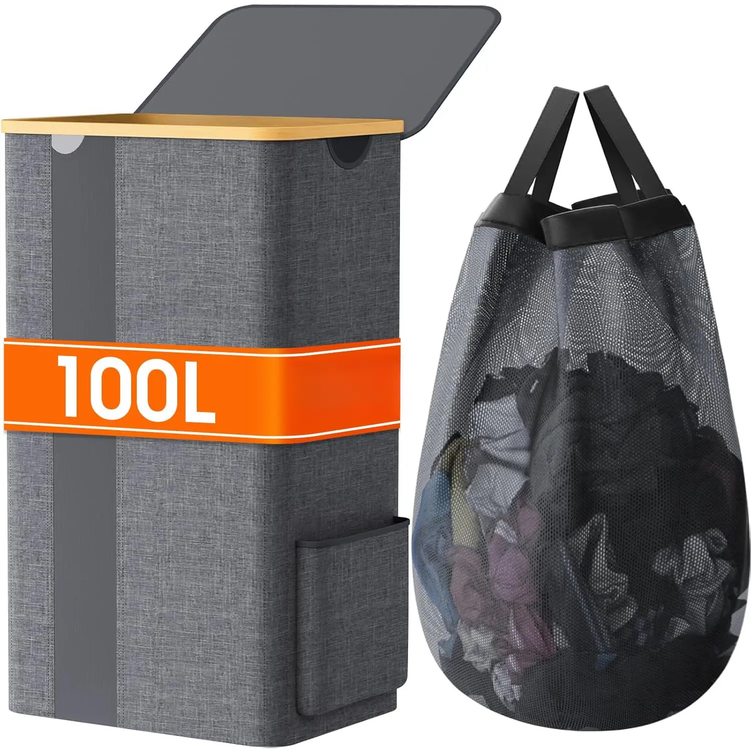 Laundry Basket with Lid, 100L Clothes Laundry Hamper with Handles and Removable Laundry Bag, Breathable Design Hamper with Lid for Bedroom, Bathroom, Dorm, Laundry Room - Light Grey