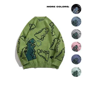 Unisex Dinosaur Pattern Drop Shoulder Sweater, Fall Sweater, Unisex Women's and Men's, Casual Knitwear, Long Sleeve, Round Neck, Streetwear, Soft