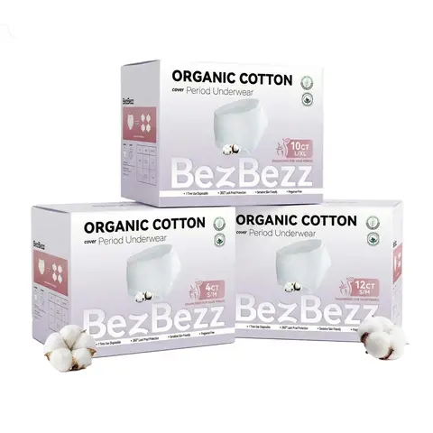 BezBezz Certified Organic Cotton Period Underwear for Women - Hypoallergenic, 25x Absorbent, Leakproof, Waterproof Pull-On, Moisture-Wicking, Unscented, L/XL, Blood Flow Control, Disposable Postpartum Maternity Undies for All Skin Types