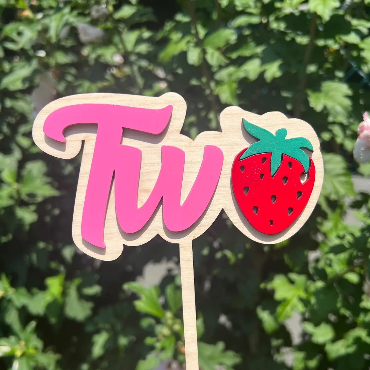 Wood Strawberry Cake Topper - 2nd Birthday Cake