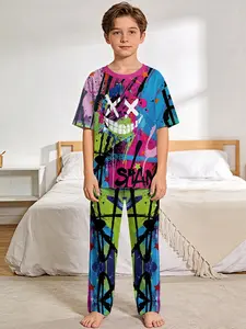Boys' Graffiti Smiley Face Sleepwear Set, Digital Print Short Sleeve Pajamas & Long Pants, Fireproof Fabric, Casual Comfortable Gift