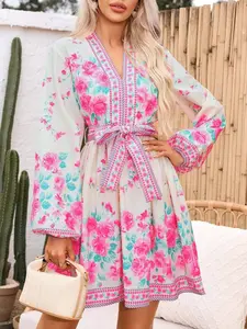 Women's Spring Autumn Floral Print Long Sleeve Dress with Belt, Lantern Sleeves Short Dress, Elegant Bohemian Party Wear, Fitted Style Womenswear