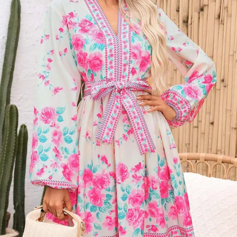 Women's Spring Autumn Floral Print Long Sleeve Dress with Belt, Lantern Sleeves Short Dress, Elegant Party Wear, Fitted Style, Boho, Floral Prints Dress