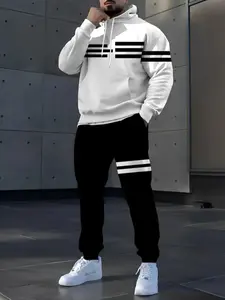 Men's Digital Print Hoodie & Sweatpants Set, Sporty Polyester Fabric, Long Sleeve Fitted Design, Ideal for Hiking & Casual Activities, Tracksuit Set, Casual Sportswear