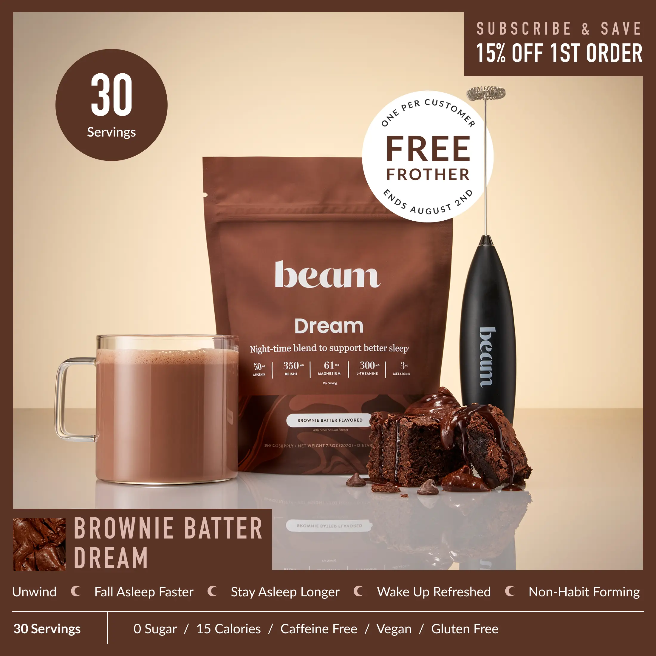Beam Dream Viral Organic Nighttime Hot Cocoa Beverage - Melatonin Sleep Aid with L-Theanine & Magnesium, 20-30 Servings/Bag, 5 Flavors (Brownie Batter, Peanut, Caramel), Sugar Free, Gluten Free, Low Calories, Selfcare Wellness Supplement | Summer Sale