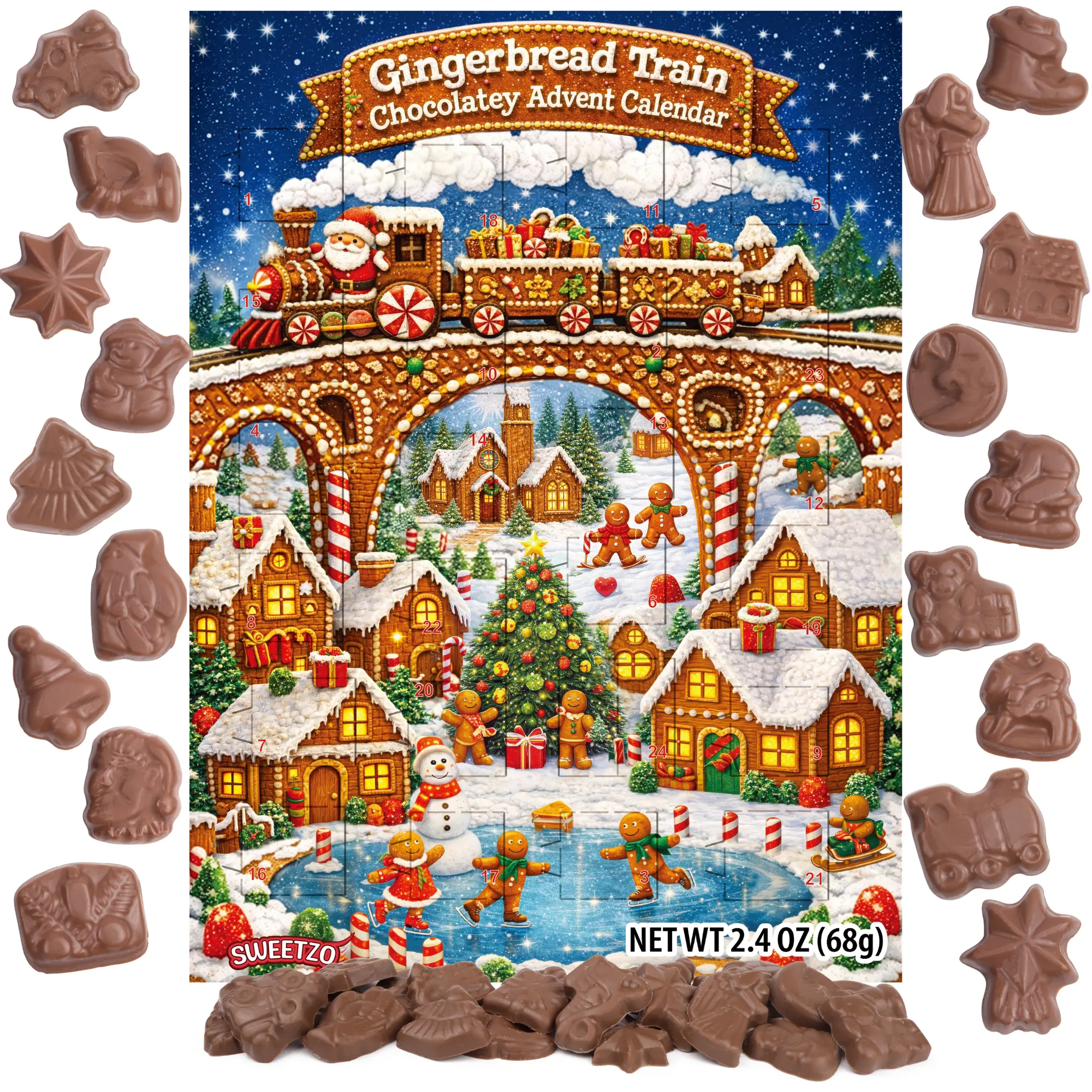 Gingerbread Train Advent Calendar, 24 Chocolatey Candies Inside, Holiday Activity, 2.4 Ounces
