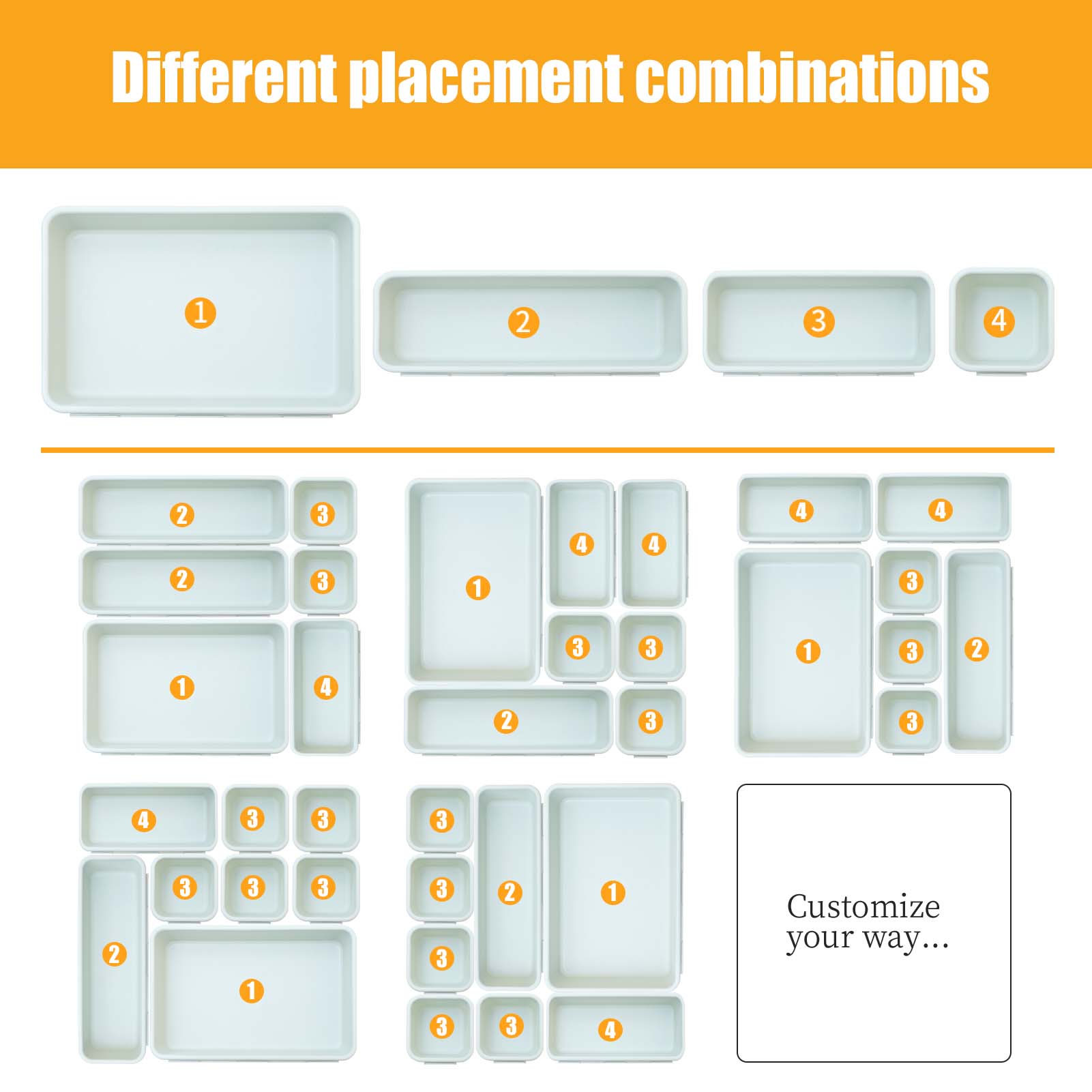 16-Piece Plastic Drawer Organizers Set - 4 Sizes Versatile Storage Bins for Bathroom Kitchen Makeup Office Supplies Lightweight Sturdy Bakeware