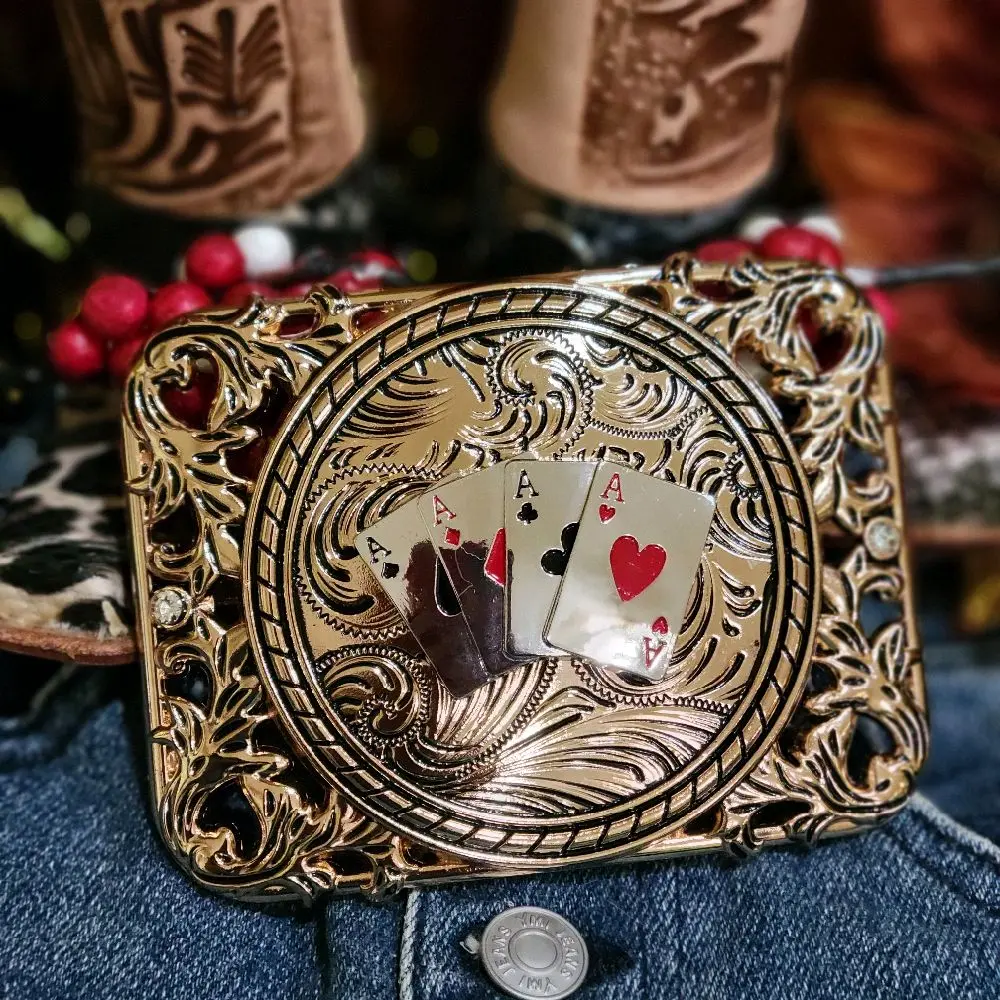 Four aces Western Belt buckle silver and rose tone with rhinestones.  Four aces concho Cowboy fashion accessory