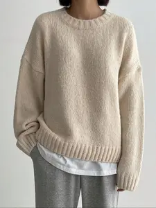 Women's Vintage Lazy Style Sweater, Autumn Winter Pure Color Soft Knit Top, Round Neck Casual Fashion Pullover, Versatile High-End Look, Lady Knitwear