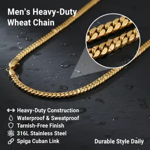 Heavy-Duty Men’s Wheat Chain Necklace, 6 mm/8 mm Thick Spiga Cuban Link, 316L Stainless Steel, Waterproof & Sweatproof, Tarnish-Free for Everyday Wear jewelry