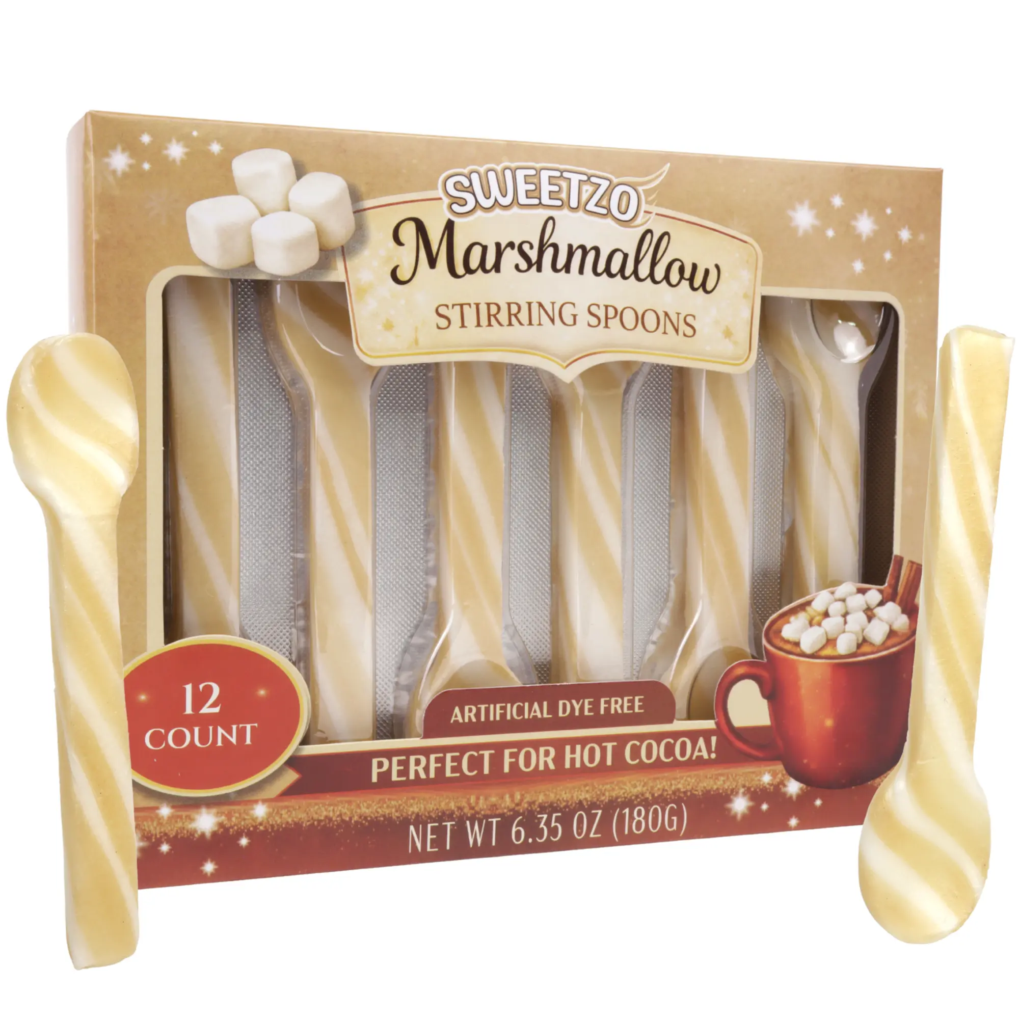 Marshmallow Candy Spoons, Hot Cocoa Stirrers, No Artificial Dyes, 12 Count