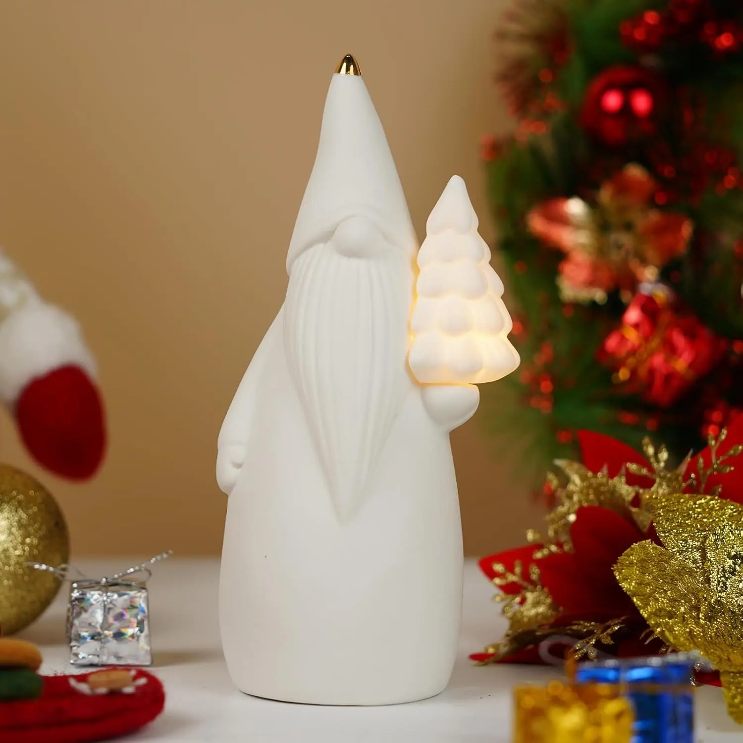 White Ceramic Gnome Figurine with Christmas Tree Lighted, 7.5" Christmas Gnome Decoration, Light Up Xmas Tree with Timer, Gnomes Gifts for Women, Sandinavian Xmas Decor for Tabletop Mantel