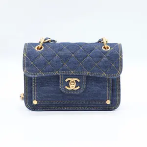 Pre-owned CHANEL Canvans Shoulder Bags Denim Quilted Double You Mini Flap Blue Golden TWINS LDJ3353
