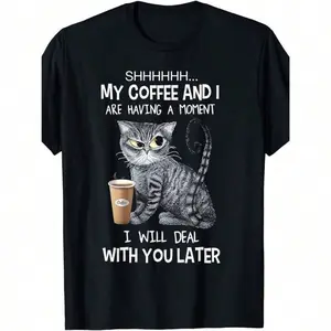 Funny Coffee Cat Print T-Shirt For Men, Crew Neck, Short Sleeve, t-shirt