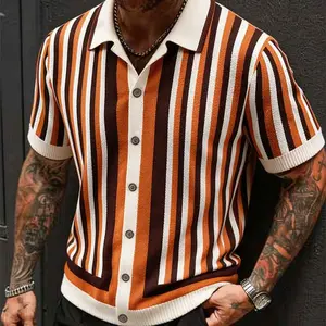 Menswear Short-Sleeve Color-Block Openwork Knit Cardigan Polo Shirt, Mens Tops, Breathable Skin-Friendly Fabric, Retro Light Business Style, Suitable for Everyday Commuting and Casual Wear