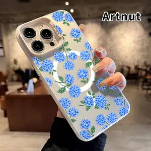 Magnetic Phone Case for iPhone 15 Pro Max 16 Plus 14 13 12 11 E Blue Hydrangea Pattern Full Body Protection Anti-Scratch PC Smartphone Cover Cellphone Protective