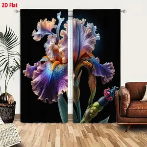 2D Flat 2-Piece Blackout Curtain Set, Dark Background Inspired by Vibrant Iris Flower with Lavender & Purple Petals, Iridescent Blue-Gold Markings, Green Stems & Buds, Textured Frilly Edges, Glossy Finish for Living Room Bedroom, Soft Peach-Pink Ac