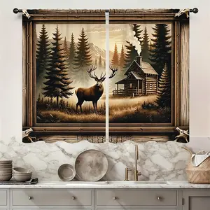 2-Panel Farmhouse Forest Deer Kitchen Curtains, 27.5W x 39L in, Vintage Woodland Lodge Window Drapes for Small Short Cafe Tiers & Bathroom Decor