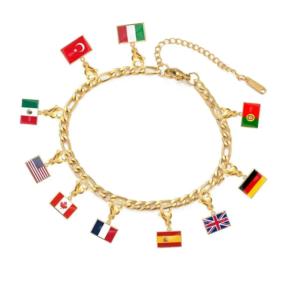 HIPEE 10*6.6mm Country Flag Charms  Stainless Steel Fashion Mother Day Gift Jewelry Recording Your Travel Memories Adjustable Heart Rate Couples  Set   men