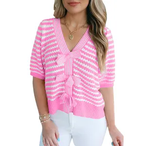 Short Sleeve Knit V Neck Bow Knot Sweater