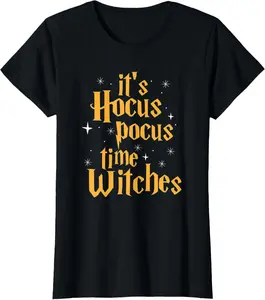 Cotton Womens its hocus pocus time witches T-Shirt Short Sleeve Crew Neck Top for Summer, Casual Streetwear, Halloween Gift Men's Comfy