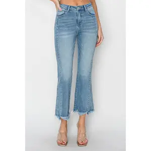 RISEN Full Size High Rise Frayed Hem Flare Jeans Basic Denim