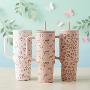 SANDJEST Insulated 40oz Tumbler with Handle & Straw, Easy-Clean, Cup Holder Friendly Base, Suitable for Outdoor Travel Office Spring Mother's Day Gift