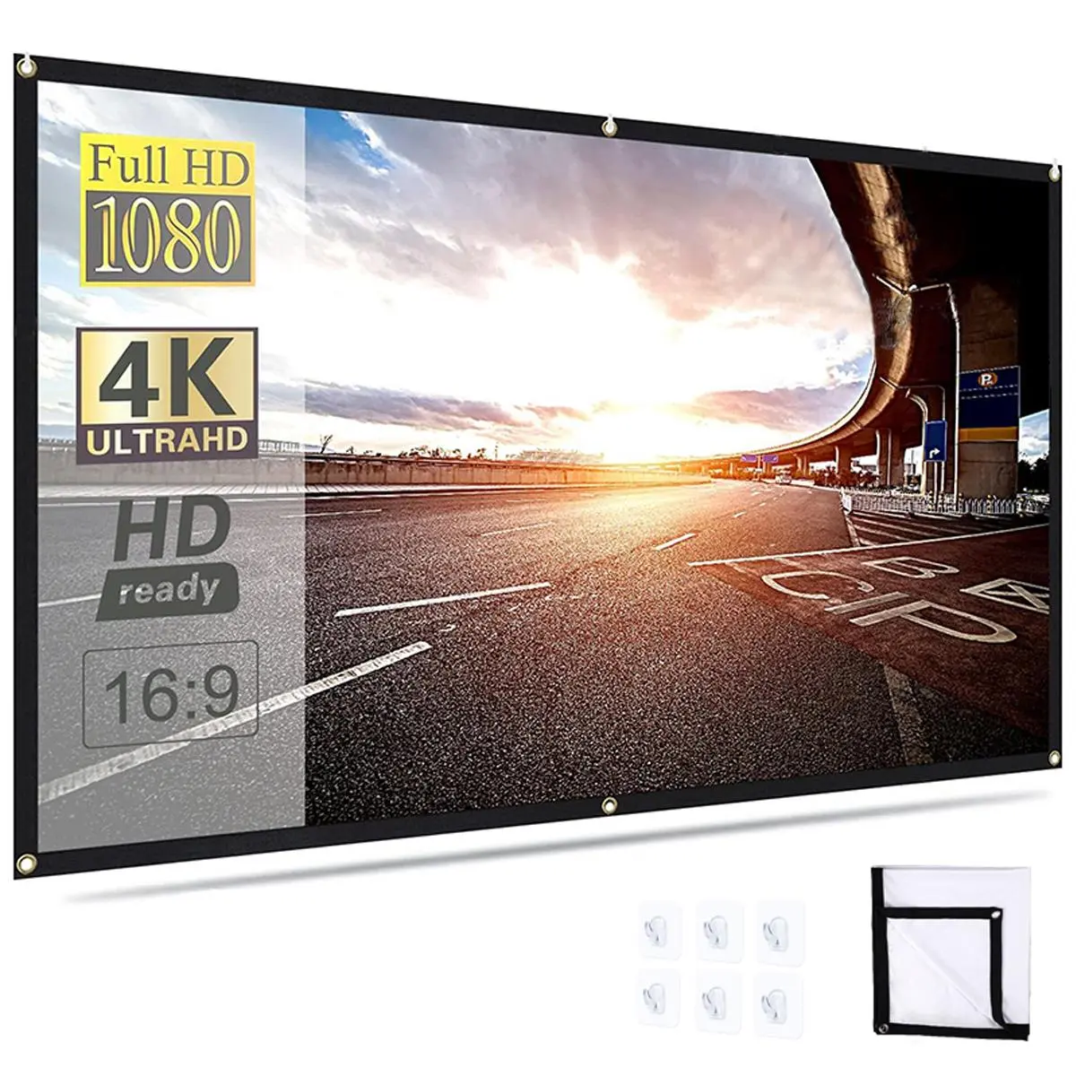 100 Inch Portable Foldable Projector Screen, HD Projection Screen, 16:9 Projector Screen with Hook, Home Entertainment Supplies for Indoor & Outdoor Use, Audio